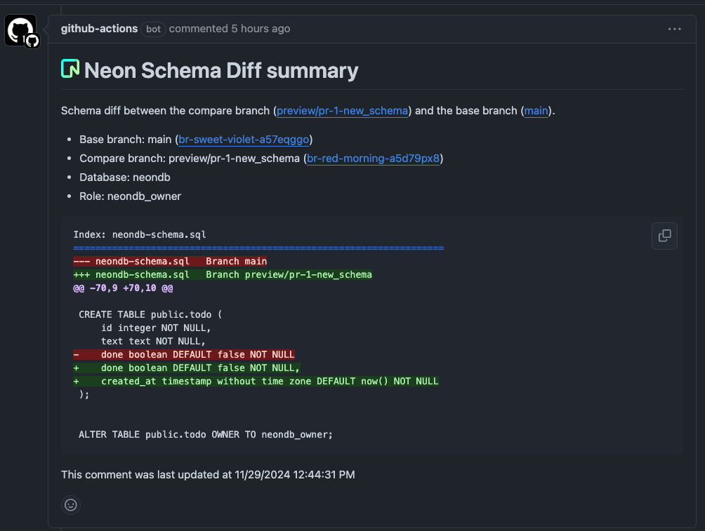 Schema Diff Comment