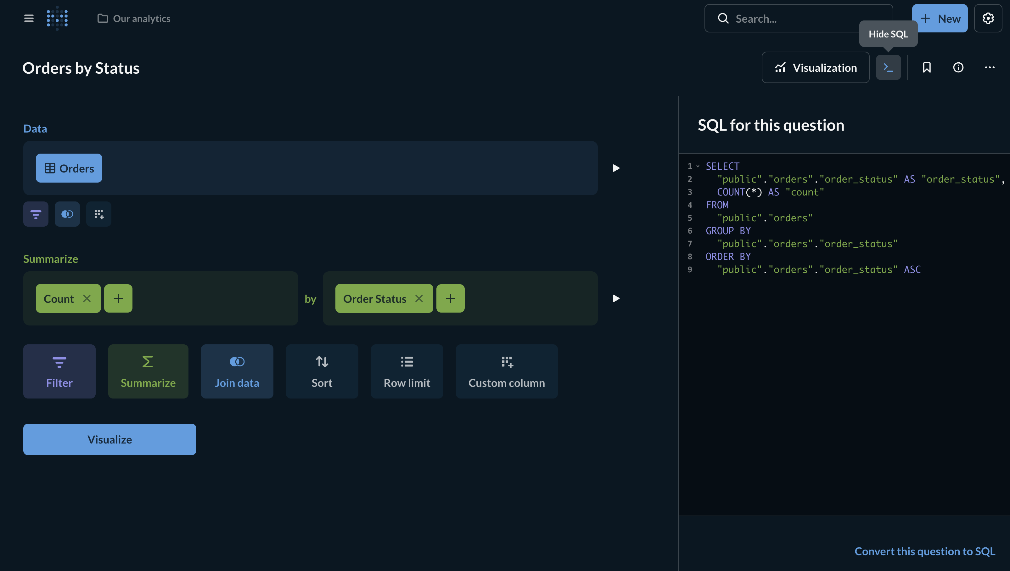 Metabase view SQL