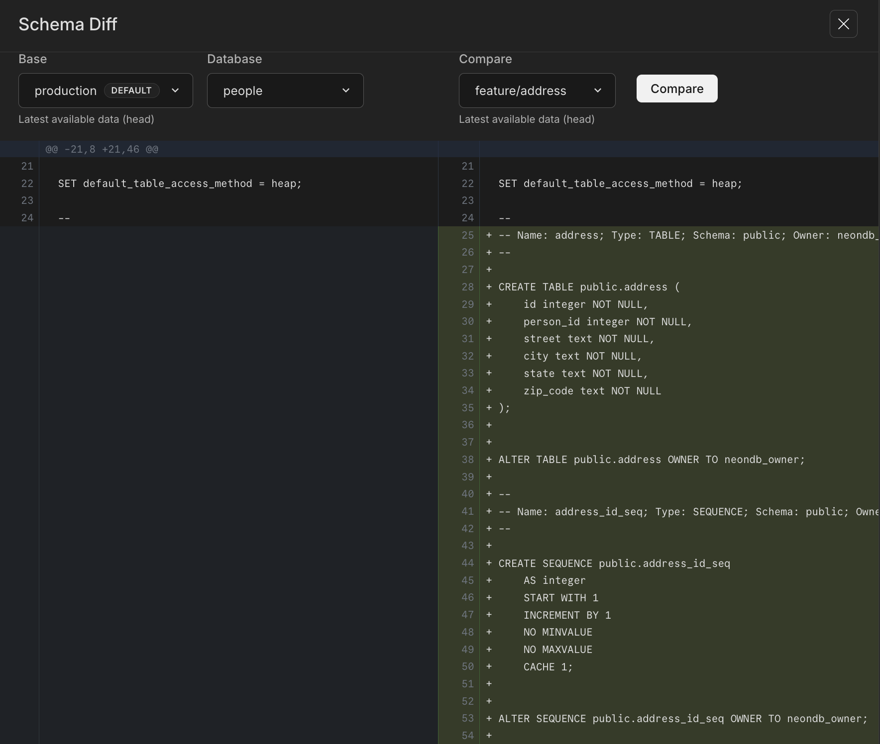 schema diff results